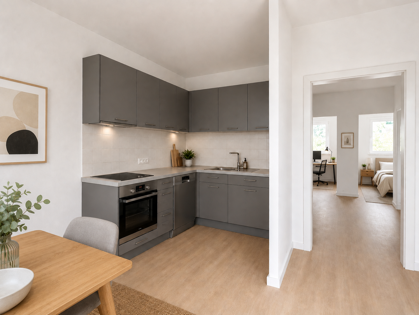 Voll möblierte Wohnung mit Küche, Esstisch und Schlafbereich
